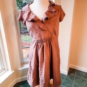 Loft 100% silk Brown six small ruffle neck dress